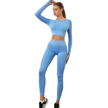 Yeni Dikişsiz Yoga Seti Kadınlar 2 ADET Spor Giyim Aktif Giyim Spor Takım Elbise Uzun Kollu Kırpma Üst Yüksek Bel Elastik Tayt 5