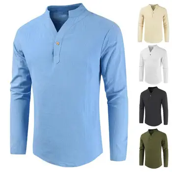 Erkekler T-shirt düz renk V boyun rahat bir düğme bahar gömlek günlük giyim için 0
