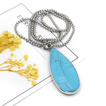 Moda Doğal Taş Kolye Kolye Mavi Turkuaz Bağlantı Zincirleri Şifa Kristalleri Taş Kolye Kadınlar İçin Parti 25X60mm 2