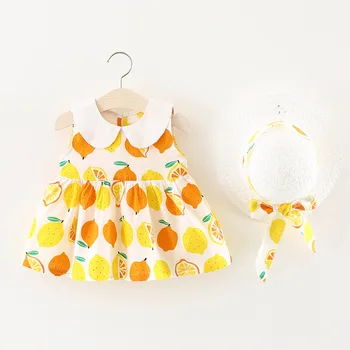 AmyaBaby Bebek Kız Parti Elbise Kolsuz Peter Pan Yaka Limon Baskı Bebek Kız Yaz Elbiseler Doğum Günü Bebek Giyim 2020 2