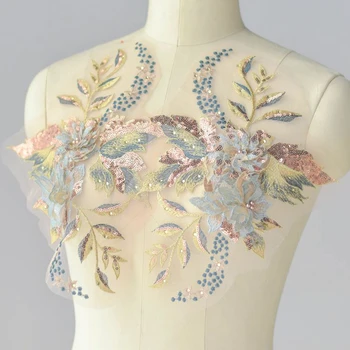 2 Adet Dantel Aplikler İşlemeli Yamalar Aplike DIY kumaş süsü Yaka Düğün Gelin Balo Elbise DIY Dekorasyon