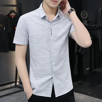 Yaz Casual Gömlek Erkekler İçin Rahat Tüm Maç Küçük Taze Moda İş Şerit Tasarım Kare Yaka Kısa Kollu Elbise 4