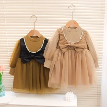 Lawadka 6 M-36 M Kızlar Için Elbiseler Pamuk Yay Dantel Inci Toddler Bebek Kız Elbise Elbise Bahar Moda Ilk Doğum Günü Giyim 0