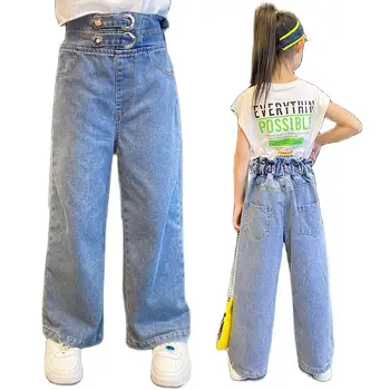 Moda Geniş Bacak Kot Kızlar İçin Genç Çocuk Kot Elastik Fırfır bel kemeri kot pantolon çocuk pantolonu Genç Kızlar İçin 12 14