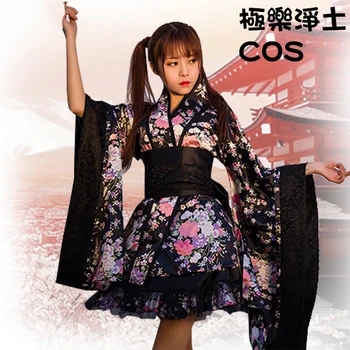 Siyah Retro Kiraz Kimono Japon Antik Geleneksel Giyim Performans Kostüm Cosplay dans kostümü Kadın Yukata DQL1878 0