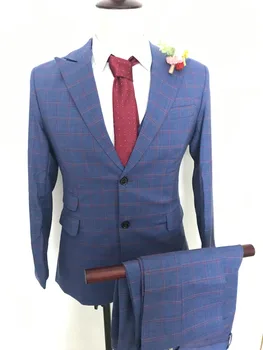 Mavi Ekose Erkek Takım Elbise 2017 Custom Made Slim Fit Damat Smokin Blazers Retro tailor made slim fit düğün takımları erkekler için 3 parça