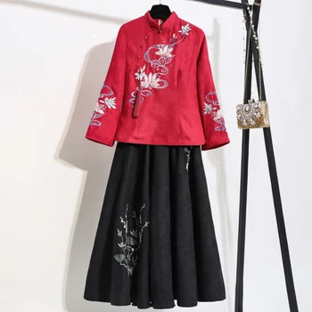 Çin Tarzı Geliştirilmiş Versiyonu İnce Hanfu Kadın Üstleri + Etek Seti İki parçalı Set Sonbahar Yeni Tang Takım Elbise Nakış Uzun Kollu 0