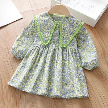 Kız Elbise Parti gece elbisesi Pamuk 2022 Yeşil Bahar Sonbahar Çiçek Kız Elbise Vestido Robe Fille Plaj Okul Çocukları Bebek Çocuk