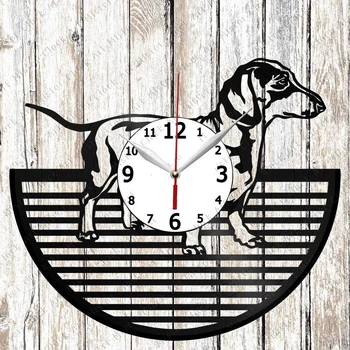 Dachshund Vinil Kayıt duvar saati ev sanat dekoru Benzersiz Tasarım El Yapımı Orijinal Hediye Vinil Saat Siyah Özel Saat Fan Sanat