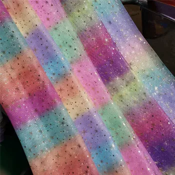 2 Metre Renkli Tül Baskı Altın Yıldız Yerleşimi dantel Kumaş Ombre Gökkuşağı tül Akşam çocuk Elbise DIY Dikiş Elbisesi Parti