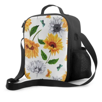 Suluboya Ayçiçeği Ve Kelebekler Yalıtımlı yemek kabı soğutucu Çanta Ayarlanabilir Omuz Askısı ile Bento Çantası Seyahat Piknik için 0
