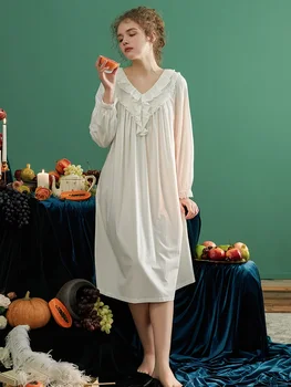 Yeni Vintage Pamuk Prenses Dantel Uzun Pijama Kadınlar İçin Bahar Sonbahar Uzun Kollu Zarif Gevşek Uzun Gecelikler Ev Giysileri 0