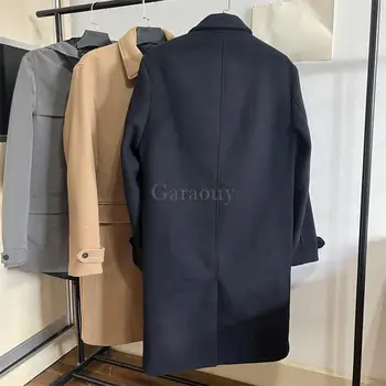Garaouy 2023 Bahar Erkek Çıkarılabilir Yelek Yün Palto Gevşek Casual Vintage Palto Erkek Basit İş İş Orta uzunlukta Ceketler 4