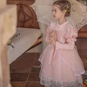 4-12Y Çocuklar İspanya Sonbahar Bahar Yay Elbise Kız Çocuk Pembe Tullefrock Yürümeye Başlayan Prenses Elbise Örgü Elbise lolita Prenses etek 0