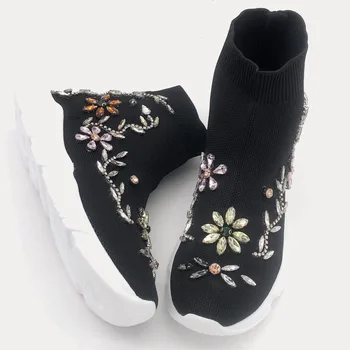 Moda Ayakkabı Kadın Kadın Taklidi Çorap Spor Ayakkabı Kısa Siyah Çizmeler Elmas Yüksek Yardım Streç gündelik spor ayakkabısı WK93 1