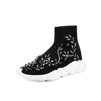 Moda Ayakkabı Kadın Kadın Taklidi Çorap Spor Ayakkabı Kısa Siyah Çizmeler Elmas Yüksek Yardım Streç gündelik spor ayakkabısı WK93 4