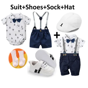 Bebek Ilk Doğum Günü Kıyafet Beyefendi Giysileri Erkek Pamuk Romper kısa pantolon Ayakkabı Şapka Moda Düğün