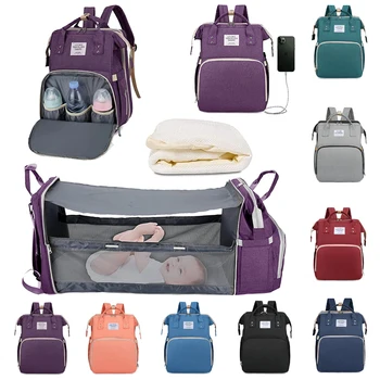 3 İn 1 Katlanabilir bebek bezi çantaları Büyük Kapasiteli Çok Fonksiyonlu Çanta Taşınabilir Beşik USB Şarj Portu Su Geçirmez Seyahat Çantaları Mochila Bebe