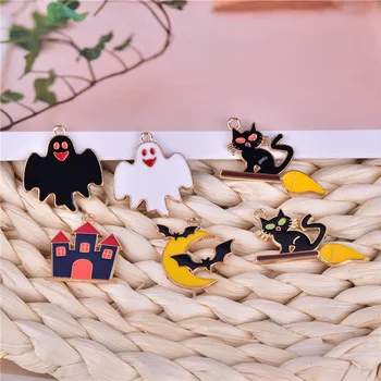 10 adet Cadılar Bayramı Yarasa Kedi Koyu Kale Takılar Küpe Yapımı için DIY Aksesuarları Karikatür Güzel Kolye El Yapımı Malzeme Charm