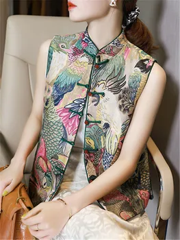 Çiçek Baskı Kolsuz Üst Retro Çin Tarzı Modern Kadın Yelek Ropa Oryantal Geleneksel Jile Elbise Rahat Ceket Tops 0