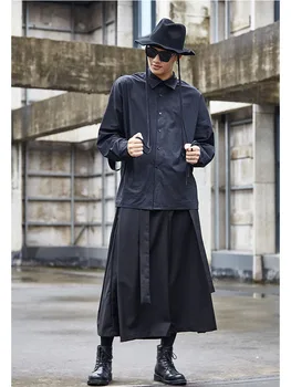 Erkekler Şerit Ekleme Gevşek Rahat Siyah Geniş Bacak Kimono Pantolon Etek Pantolon Erkek Streetwear Hip Hop Punk Gotik Harem Pantolon 5