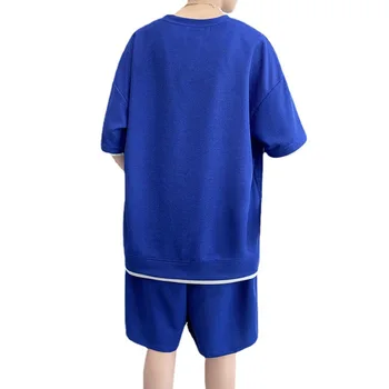 Waffle T-shirt basit yuvarlak boyun takım elbise erkek yaz 2022 trend büyük eğlence spor moda erkek takım elbise 4