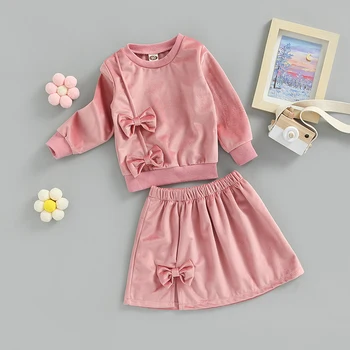 2 Adet Toddler Kız Elbise Düz Renk Yuvarlak Boyun Uzun Kollu Kazak Yay + A-line Etek Moda Bahar Sonbahar Takım Elbise