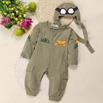 Sonbahar Yeni Doğan Erkek Bebek Romper Ve Şapka 2 Parça Takım Elbise Uzun Kollu Yeşil Pamuk Tulum Astronot Kap İki Parçalı Set Bebek İçin