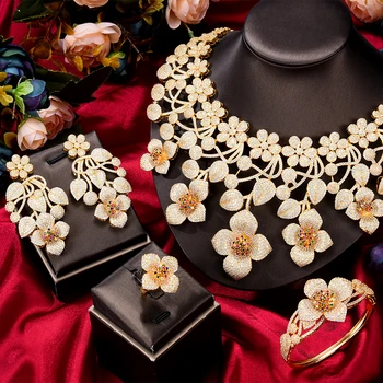 Sıscathy Yeni Çiçekler takı seti Kadınlar Için Moda Altın Renk Mikro Zirkon Kolye Küpe Düğün Parti Lüks Aksesuarları
