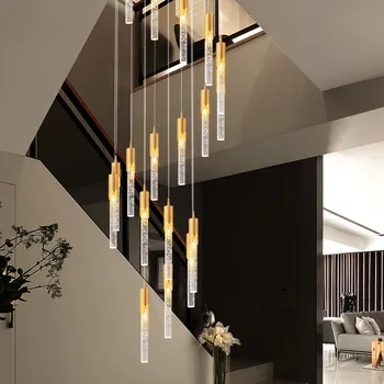 Altın Kristal droplight Villa dubleks merdiven lüks silindirik kolye lamba led Kabarcıklar cam uzun tüp kordon kolye ışık