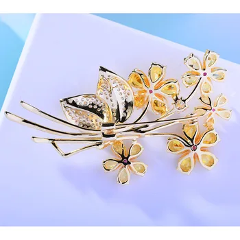 Lüks Güzel Sarı Pembe Kristal Zirkonlar Çiçek Broş Pins Kadınlar Kostüm Takı Düğün Buket Pin Brosche femme bijoux 5