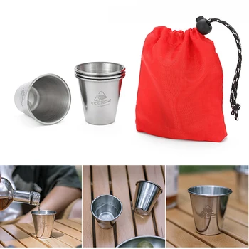 4 adet Kamp çay bardağı Taşınabilir 80ml Piknik BARBEKÜ İçecek su kupası ile saklama çantası 304 Paslanmaz Çelik Açık Balıkçılık Barbekü
