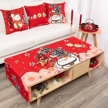 Japon Şanslı Kedi Masa Örtüsü Kırmızı Karikatür çay masası Örtüsü Ev Oturma Odası Dikdörtgen Sehpa Örtüsü saklama çantası