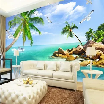 Beibehang 3D duvar kağıdı Özel Duvar Kağıdı Akdeniz Manzara Plaj Hindistan Cevizi Ağacı Martı TV Oturma Odası Yatak Odası Arka Plan Duvar 1