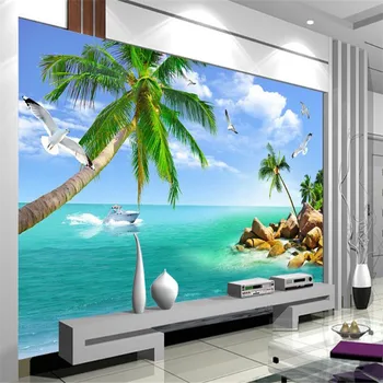 Beibehang 3D duvar kağıdı Özel Duvar Kağıdı Akdeniz Manzara Plaj Hindistan Cevizi Ağacı Martı TV Oturma Odası Yatak Odası Arka Plan Duvar 3