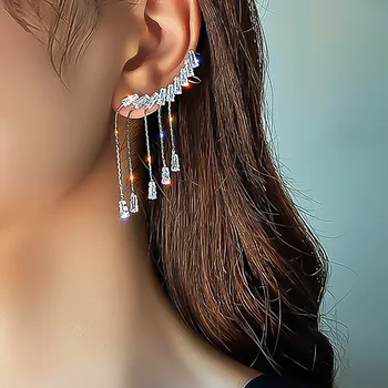 Yeni Gümüş İğne Uzun Kanat Püskül kulak klipsi Kadın Klasik Moda Zirkon Küpe Küpe E7186 0