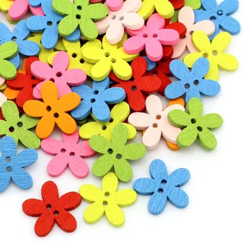 Çok renkli 100 adet Çiçek Ahşap Dikiş Düğmeleri Scrapbooking El Sanatları 2 Delik Rastgele 14x15mm