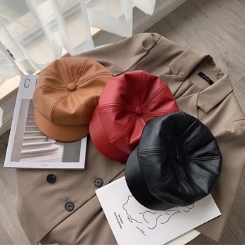 2020 Sonbahar Kış Yeni Moda Kadınlar Katı Renk PU Deri Kapaklar Sekizgen Kap Rahat Vintage Şapkalar Newsboy Kap Kadınlar için Casquette 1