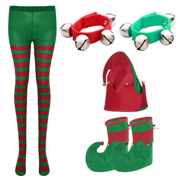 Noel Elf Şapka Santa Elf Ayakkabı Noel Çizgili Tayt Yetişkin Noel Tatil Parti Kostüm Tayt Külotlu Çorap