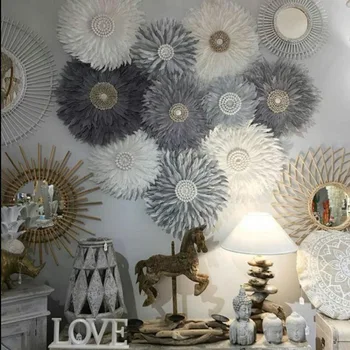 Ev Aksesuarları Yaratıcı El Yapımı Tüy Akrilik Ayna Asılı Süsleme Arka Planında Duvar yatak odası dekoru Fotoğraf Sahne