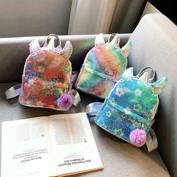 Yeni Moda Renkli çocuk Gökkuşağı Kız Sevimli Unicorn Payetli Sırt Çantası Hairball İle Tüm Eşleşen Öğrenci okul çantası BG116