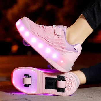Yetişkinler Çocuklar Rulo Ayakkabı led ışık Up USB Şarj Çocuk Paten Rahat Kaykay Ayakkabı Spor Aydınlık Parlayan Sneakers