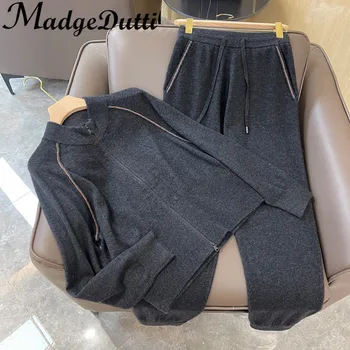 9.22 MadgeDutti Standı Yaka Fermuar Uzun Kollu Kaşmir Örgü Kazak + Elastik Bel Pantolon Rahat Spor Seti Kadın 1