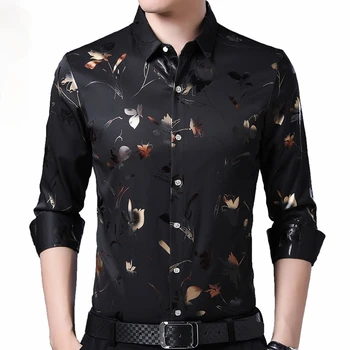 2021 Marka Uzun Kollu Erkek Sosyal Gömlek Bahar Streetwear Casual Çiçek Gömlek Elbise Erkek Slim Düzenli Fit Giyim Modası