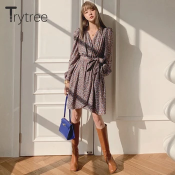 Trytree 2021 İlkbahar Yaz kadın Elbise Rahat V Yaka Puf Kollu Çiçek Kemer İpeksi A-line Diz Üstü Ofis Bayan Gömlek Elbise 1
