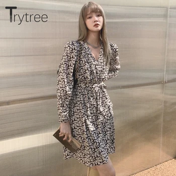 Trytree 2021 İlkbahar Yaz kadın Elbise Rahat V Yaka Puf Kollu Çiçek Kemer İpeksi A-line Diz Üstü Ofis Bayan Gömlek Elbise 2