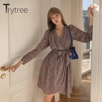 Trytree 2021 İlkbahar Yaz kadın Elbise Rahat V Yaka Puf Kollu Çiçek Kemer İpeksi A-line Diz Üstü Ofis Bayan Gömlek Elbise 3