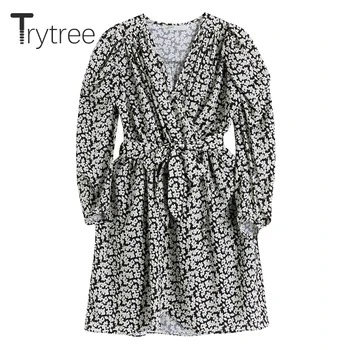 Trytree 2021 İlkbahar Yaz kadın Elbise Rahat V Yaka Puf Kollu Çiçek Kemer İpeksi A-line Diz Üstü Ofis Bayan Gömlek Elbise 5
