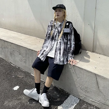 Mürekkep Kravat Boya Uzun Kollu Gömlek Kore Kadın Moda Trendleri Sonbahar Punk Elbise Genç Gevşek Fit Streetwear Düğme Bluz 4