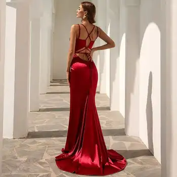 Moda Kadın Kolsuz Kırmızı Uzun Parti Elbise 1